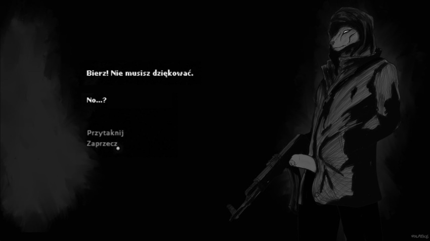 ak-47 alternate_version_at_source anthro assault_rifle black_and_white canid canine canis clothing coat darkwood genitals gun hood humanoid_genitalia humanoid_penis hybrid male mammal monochrome penis ranged_weapon rifle screencap simple_background solo text topwear translated volpek6 weapon wolf wolfman_(darkwood)