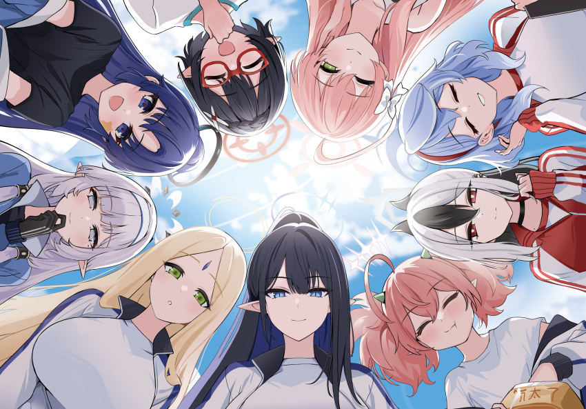 6+girls ;) ^_^ absurdres ahoge ako_(track)_(blue_archive) ayane_(blue_archive) ayumu_(blue_archive) black_choker black_gloves blue_archive blue_sky blush bow breasts choker circle_formation closed_eyes commentary demon_horns eating facepaint facing_viewer forehead_jewel glasses gloves gym_shirt gym_uniform hair_bow halo hanako_(blue_archive) headband highres himari_(blue_archive) horns huge_breasts jacket kayoko_(blue_archive) looking_at_viewer mole mole_on_neck mole_under_eye momoka_(blue_archive) multiple_girls one_eye_closed pointy_ears red-framed_eyewear rin_(blue_archive) shirt sky smile star_(symbol) sunlight track_jacket white_headband yuki_(asayuki101) yuuka_(blue_archive) yuuka_(track)_(blue_archive)