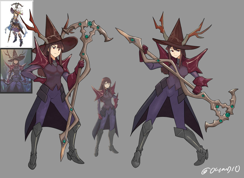 1girl aged_up armored_boots black_hair black_skirt boots brown_headwear derivative_work diooksan full_body gloves grey_background hand_on_own_hip hat high-low_skirt highres holding holding_staff horned_hat kagari_atsuko knee_boots little_witch_academia long_hair looking_at_viewer multiple_views pants purple_gloves purple_pants reference_inset shoulder_pads sidelocks signature simple_background skirt staff standing witch_hat
