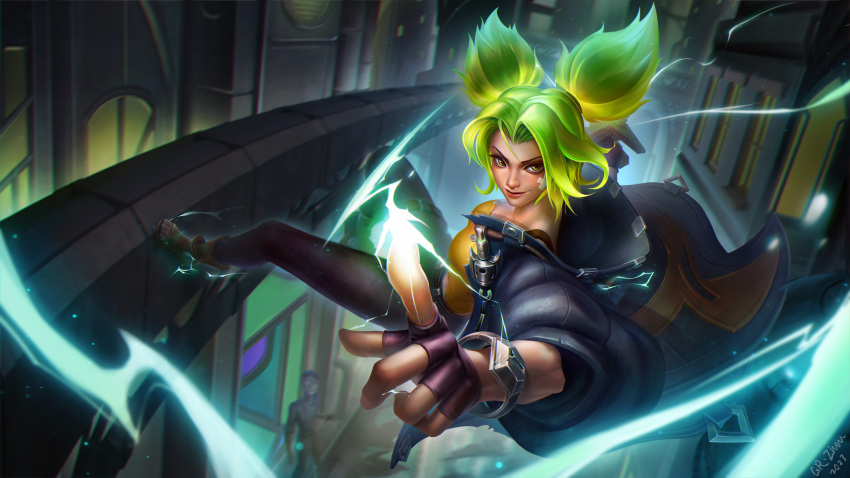 absurdres bandaid bandaid_on_face black_jacket breasts brown_eyes brown_gloves city cyberpunk electricity fingerless_gloves gloves green_hair guangruizhou highres jacket league_of_legends medium_breasts open_clothes open_jacket parted_bangs sliding tank_top twintails yellow_tank_top zaun_(league_of_legends) zeri_(league_of_legends)