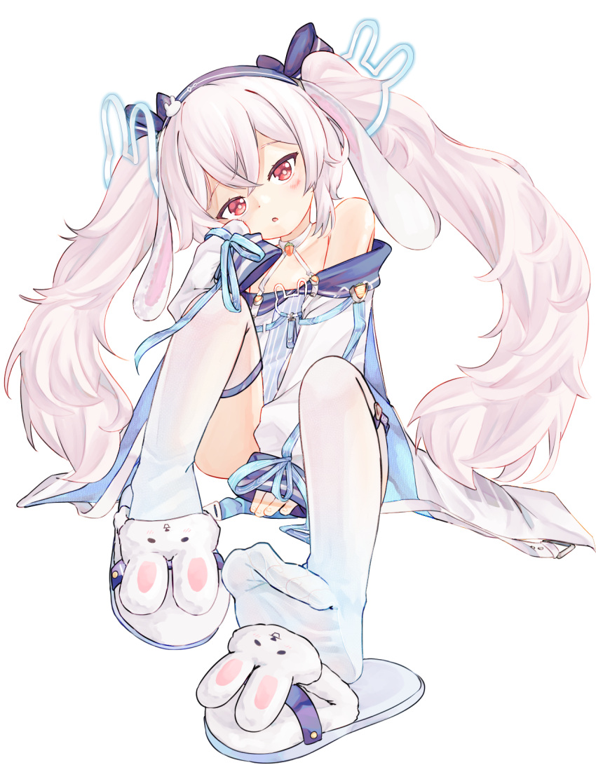 1girl animal_ears animal_slippers azur_lane blue_hairband blue_ribbon bunny_slippers chaosexceed crossed_bangs dress fake_animal_ears hair_ornament hair_ribbon hairband highres laffey_(azur_lane) laffey_ii_(azur_lane) long_hair long_sleeves looking_at_viewer parted_lips rabbit_ears rabbit_hair_ornament red_eyes ribbon simple_background sitting sleeves_past_wrists slippers solo thighhighs very_long_hair white_background white_dress white_footwear white_hair white_thighhighs