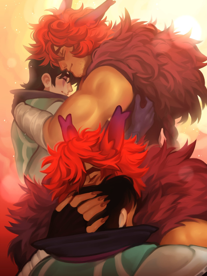 2boys animal_ears aphelios bandaged_arm bandages bara beard_stubble biceps black_hair cape closed_eyes couple durani_art facial_hair fingernails fur_cape hand_on_another's_back hands_on_another's_head height_difference highres hug league_of_legends long_fingernails male_focus multiple_boys multiple_views muscular muscular_male red_hair red_nails sett_(league_of_legends) short_hair smile upper_body wavy_hair yaoi