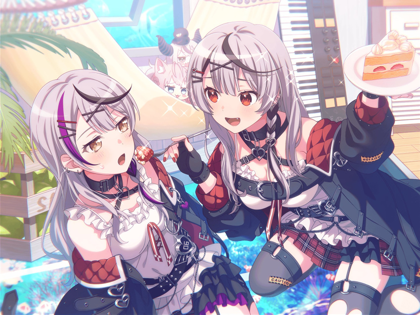bang_dream! breasts cake camisole cleavage food frilled_camisole frills fruit grey_hair hair_ornament hakui_koyori heart_collar highres hololive instrument la+_darknesss long_hair minato_yukina multicolored_hair multiple_girls off-shoulder_jacket off_shoulder official_art open_mouth piano sakamata_chloe sakamata_chloe_(1st_costume) strawberry virtual_youtuber white_camisole x_hair_ornament yellow_eyes