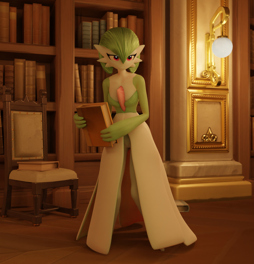 3d_(artwork) absurd_res book bookshelf breasts chair clothed clothing digital_media_(artwork) dress eyelashes female furniture gardevoir generation_3_pokemon genitals green_body green_hair hair hi_res holding_book holding_object humanoid lamp library lorded nintendo no_underwear pokemon pokemon_(species) pussy red_eyes smile solo standing white_body