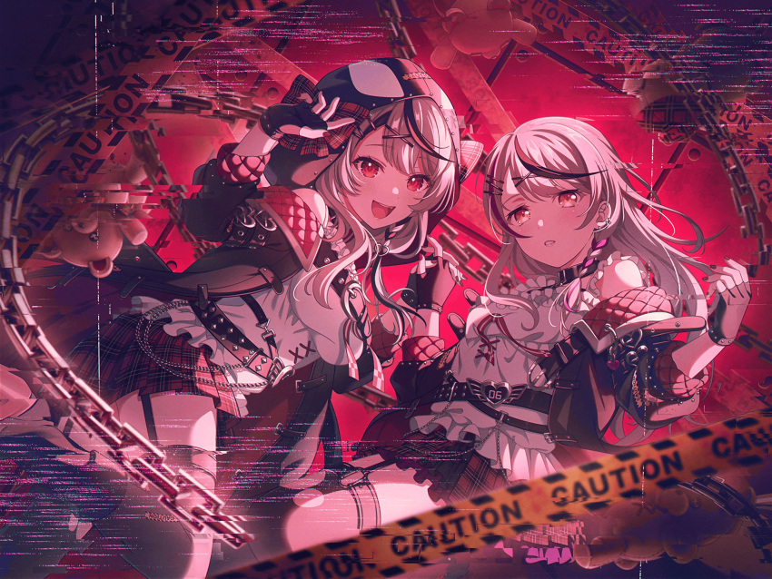 animal_hood bang_dream! bow breasts camisole caution frilled_camisole frills grey_hair hair_ornament heart_collar heart_pendant highres hololive hood long_hair minato_yukina multicolored_hair off-shoulder_jacket off_shoulder official_art orca_hood plaid plaid_bow sakamata_chloe sakamata_chloe_(1st_costume) streaked_hair virtual_youtuber white_camisole x_hair_ornament