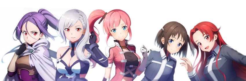 5girls absurdres aqua_eyes armor belt black_gloves black_shirt blue_eyes braid breastplate breasts brown_hair cape cleavage closed_mouth collarbone commission crop_top detached_sleeves dress elbow_gloves english_commentary fingerless_gloves french_braid gloves hair_between_eyes hair_intakes hair_ornament hand_up high_collar high_ponytail highres hood hooded_cape jacket kureha_(sao:fb) leather_belt leotard light_smile long_hair long_sleeves looking_at_viewer medium_breasts medium_hair mito_(sao) mole mole_under_eye multiple_girls necktie nuguri444 open_mouth pink_hair pink_jacket pixiv_commission ponytail purple_dress purple_hair purple_leotard purple_necktie red_eyes red_hair ronye_arabel school_uniform shirt short_hair short_sleeves side_ponytail sidelocks simple_background sinon small_breasts smile sword_art_online sword_art_online:_alicization sword_art_online:_fatal_bullet sword_mastery_academy_school_uniform tiese_schtrinen twintails upper_body vambraces white_background white_cape white_gloves white_hair white_leotard x_hair_ornament zeliska