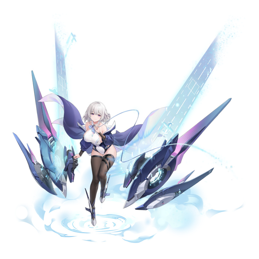 1girl aircraft airplane artist_request azur_lane bare_shoulders black_thighhighs blue_jacket boots breasts brown_thighhighs closed_mouth coat collarbone covered_navel flight_deck full_body grey_hair hair_between_eyes highleg highleg_leotard highres jacket large_breasts leaning_forward leotard long_sleeves looking_at_viewer machinery medium_hair off_shoulder official_art open_clothes open_coat open_jacket purple_coat purple_eyes rigging san_jacinto_(azur_lane) sideboob skindentation sleeveless smile smoke solo standing thighhighs thighs transparent_background two-tone_leotard white_leotard