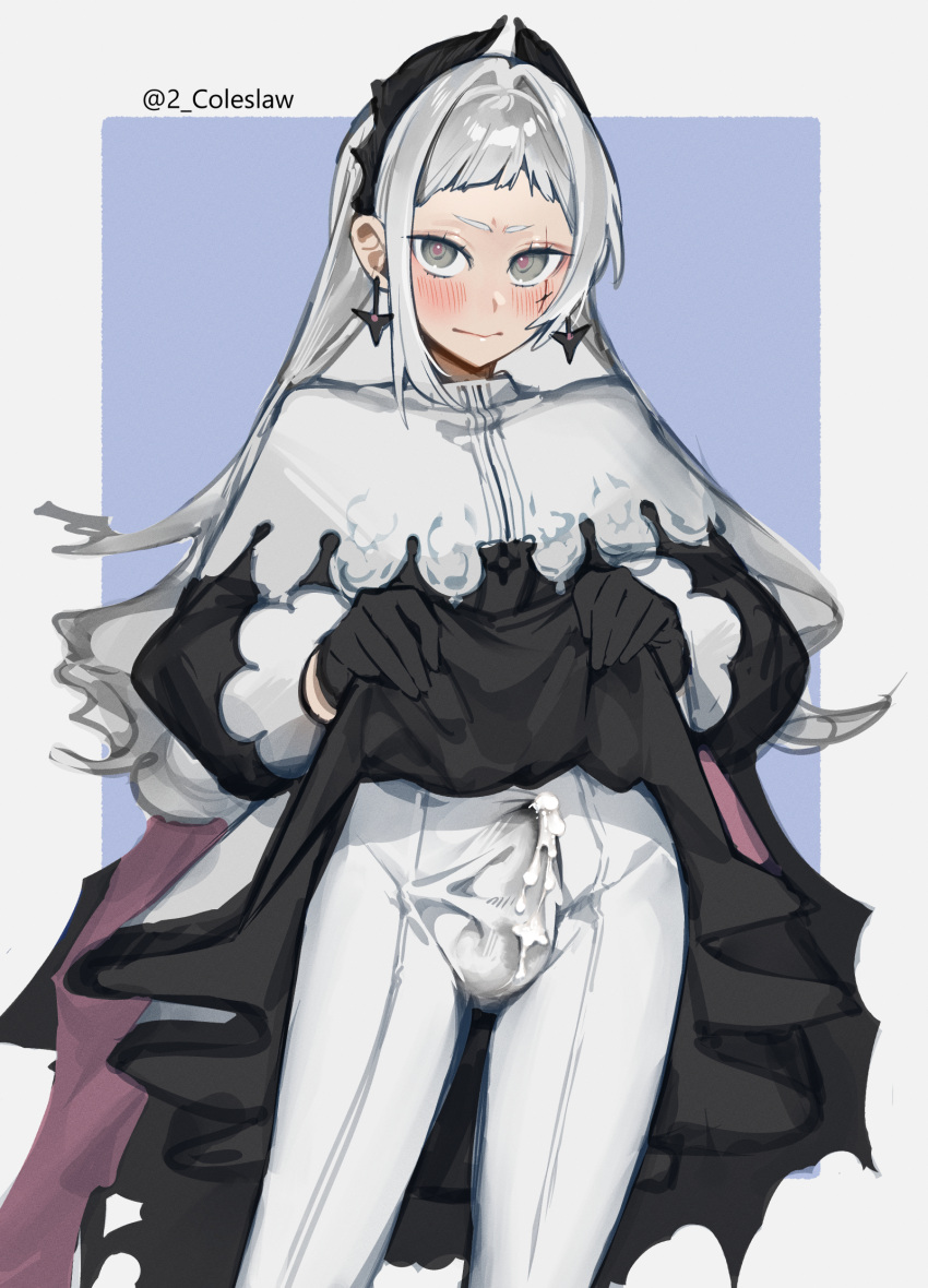 1girl arknights black_gloves blue_background blush bulge closed_mouth clothes_lift cowboy_shot cum cum_in_clothes cum_through_clothes earrings erection erection_under_clothes futanari gloves grey_eyes grey_hair highres irene_(arknights) jewelry lifted_by_self long_hair long_sleeves mirin_chikuwa pantyhose scar scar_across_eye skirt skirt_lift solo two-tone_background white_background white_pantyhose