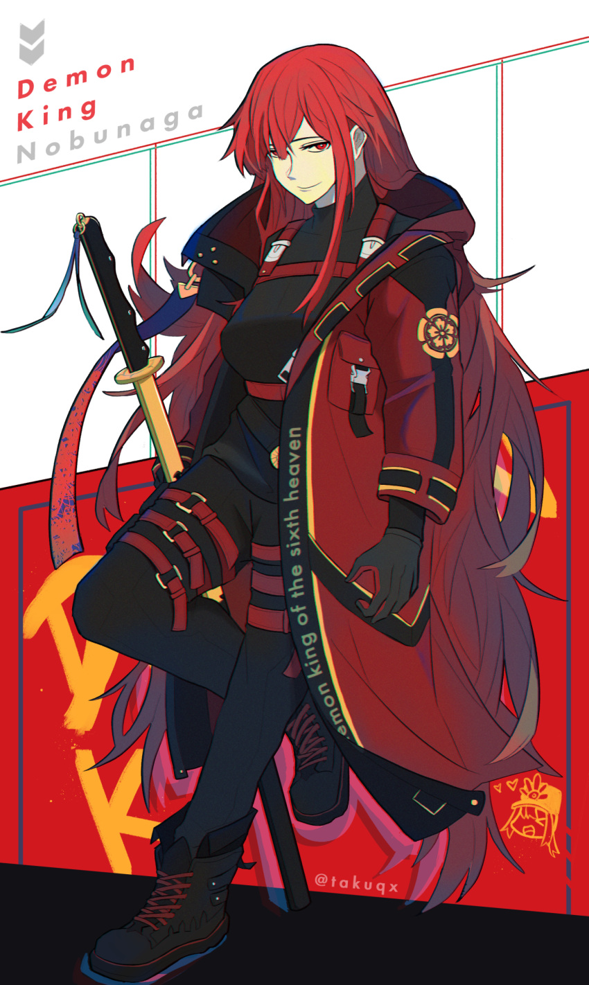 1girl alternate_costume bad_id bad_twitter_id belt black_footwear english_text family_crest fate/grand_order fate_(series) highres jacket katana long_hair long_sleeves looking_at_viewer oda_nobukatsu_(fate) oda_nobunaga_(fate) oda_nobunaga_(maou_avenger)_(fate) oda_uri red_eyes red_hair red_jacket shoes solo sword taku_(takuqx) very_long_hair weapon