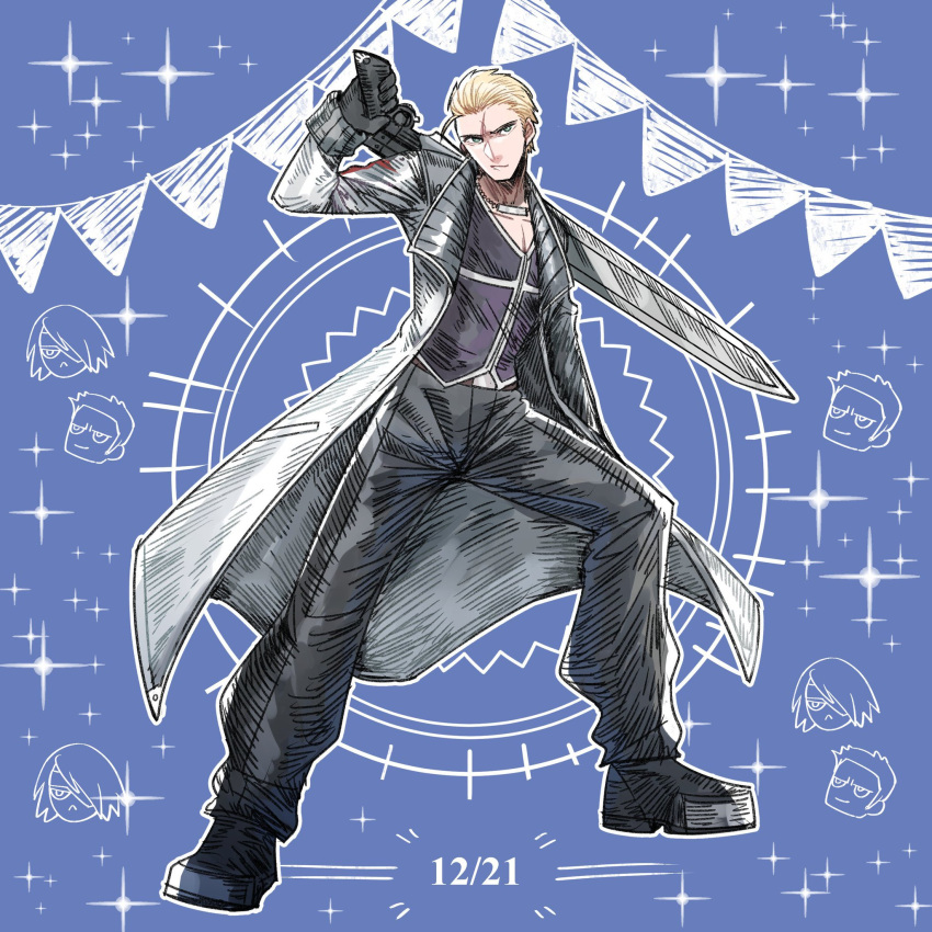 1boy black_footwear black_gloves black_pants black_vest blonde_hair blue_background boots coat dated final_fantasy final_fantasy_viii full_body fuujin_(ff8) gloves grey_coat gunblade hair_slicked_back happy_birthday highres holding holding_weapon long_coat long_sleeves male_focus nnnmmg0725 over_shoulder pants pennant raijin_(ff8) scar scar_on_face seifer_almasy short_hair solo sparkle vest weapon weapon_over_shoulder