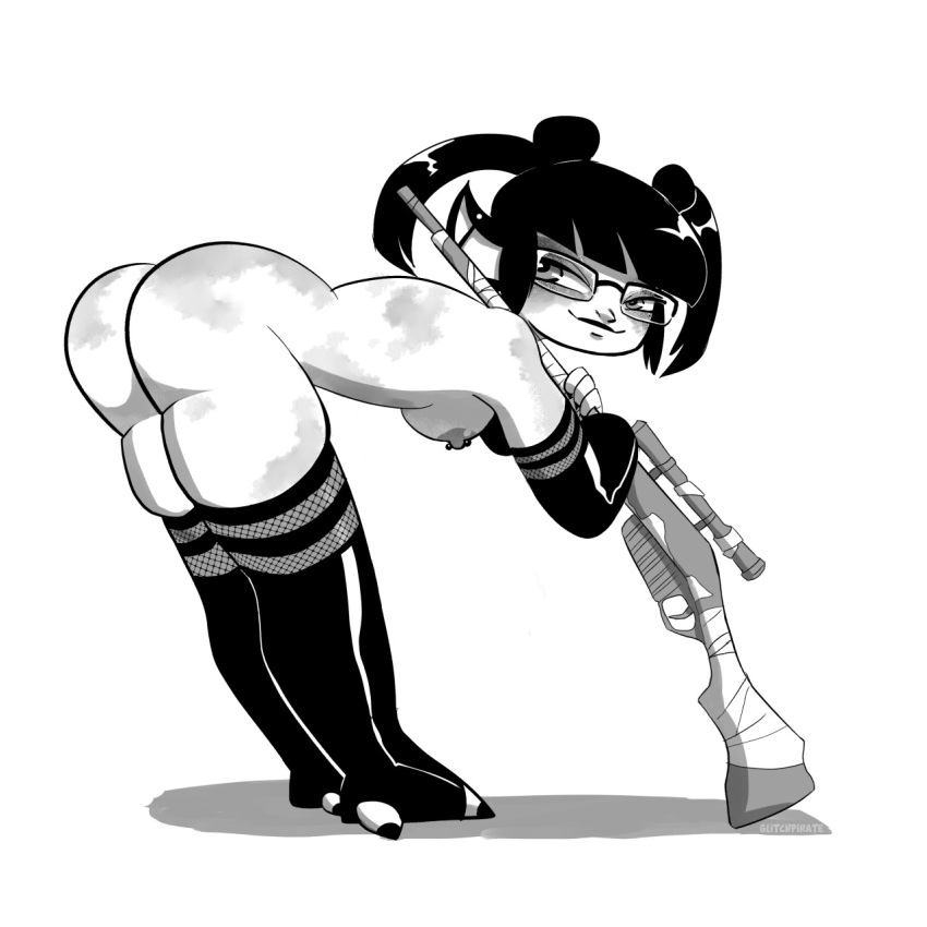 1:1 2022 3_toes armwear asura bent_over breasts butt clothing detatched_sleeves eyewear feet female glasses glistening glistening_armwear glistening_clothing glistening_legwear glistening_thigh_highs glitchpirate guild_wars gun hair_buns hi_res hime_cut humanoid legwear looking_back monochrome mostly_nude nipple_piercing nipples piercing presenting presenting_hindquarters ranged_weapon rifle smile smirk smug smug_face sniper_rifle solo thigh_highs toes twintails_(hairstyle) vosh_(voshywoshy) weapon weapon_on_shoulder