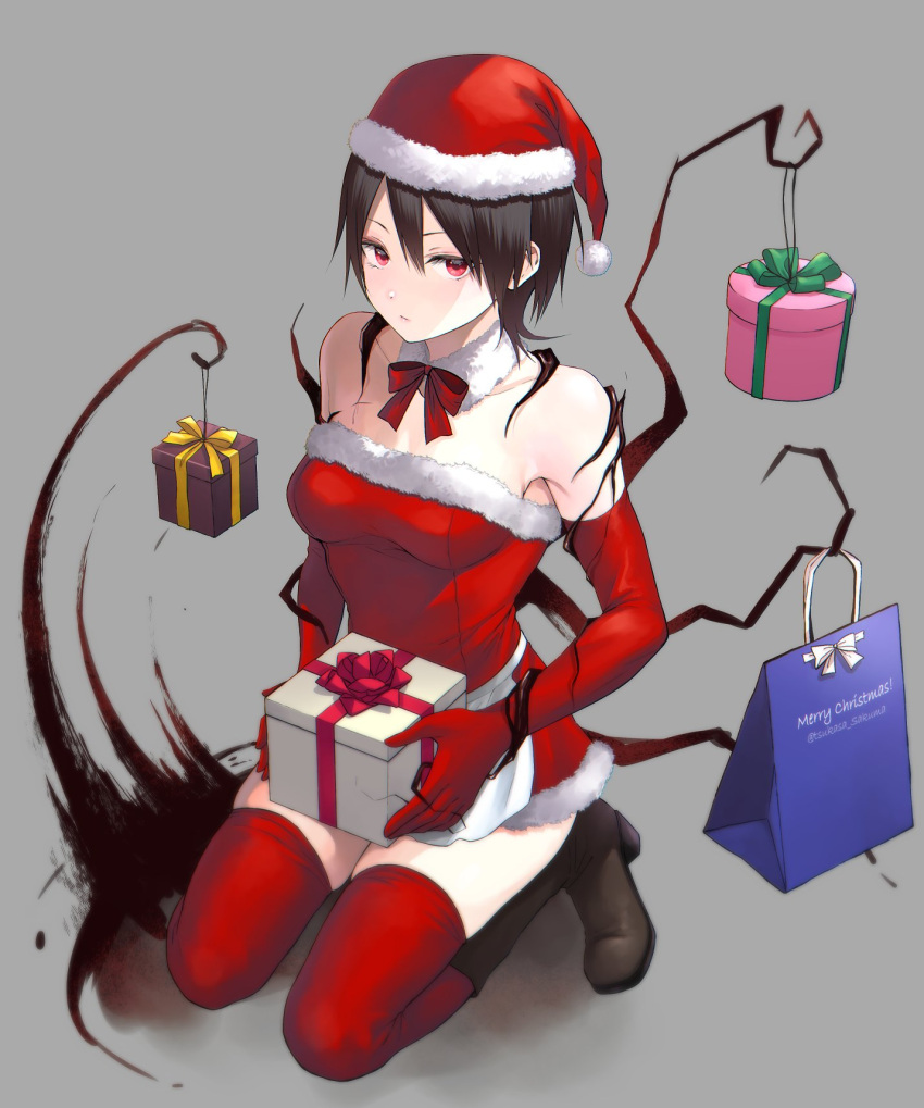 1girl biomega box breasts christmas closed_mouth dress full_body fur-trimmed_dress fur-trimmed_headwear fur_trim gift gift_box gloves hat highres looking_at_viewer merry_christmas nyaldee red_gloves red_headwear red_thighhighs sakuma_tsukasa santa_dress santa_hat short_hair simple_background solo thighhighs