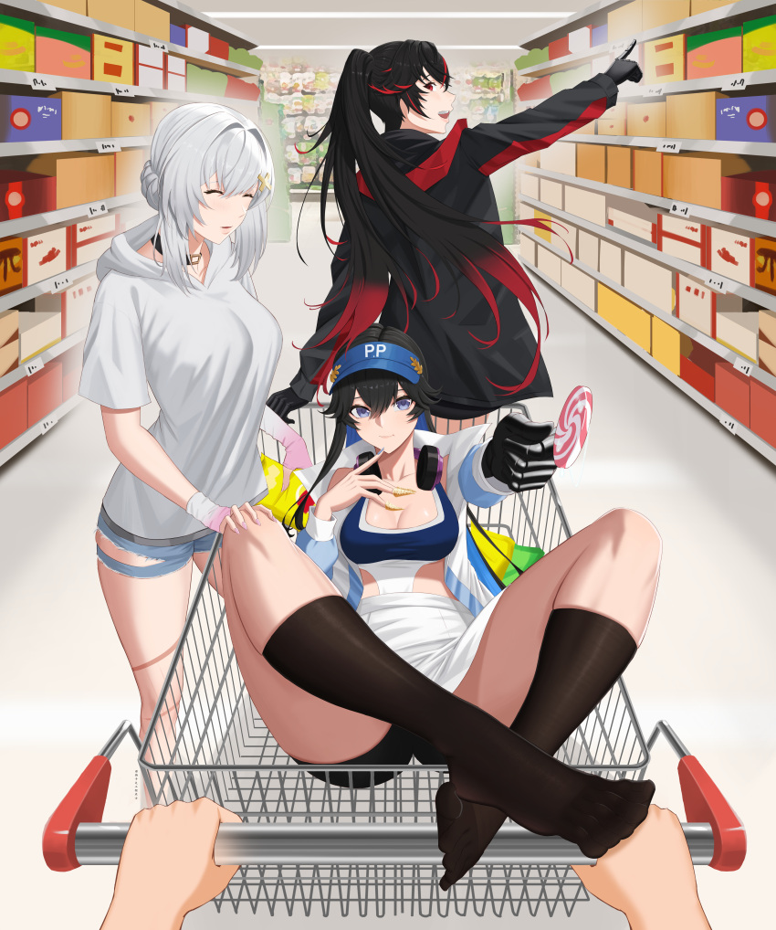 1other 3girls absurdres bag_of_chips bare_arms bare_legs black_hair black_hoodie black_shorts black_socks blue_eyes blue_hair blue_headwear blue_nails braid breasts candy cleavage closed_mouth colored_inner_hair commandant_(punishing:_gray_raven) commentary_request denim denim_shorts eating food food_on_hand french_braid grey_hair grey_hoodie grey_shirt groceries hair_between_eyes hair_intakes hair_ornament hand_on_another's_knee headphones headphones_around_neck highres holding holding_candy holding_food holding_lollipop hood hoodie in_shopping_cart jacket large_breasts liv:_empyrea_(punishing:_gray_raven) liv_(punishing:_gray_raven) lollipop long_hair long_sleeves lucia:_plume_(punishing:_gray_raven) lucia_(punishing:_gray_raven) mechanical_hands multicolored_hair multiple_girls official_alternate_costume parted_bangs parted_lips pointing punishing:_gray_raven pushing_cart red_eyes red_hair selena_(punishing:_gray_raven) shirt shopping shopping_cart short_hair_with_long_locks short_shorts short_sleeves shorts sidelocks single_mechanical_hand skaven_gongcheng_shushi socks streaked_hair swirl_lollipop twintails visor_cap white_jacket white_shirt x_hair_ornament