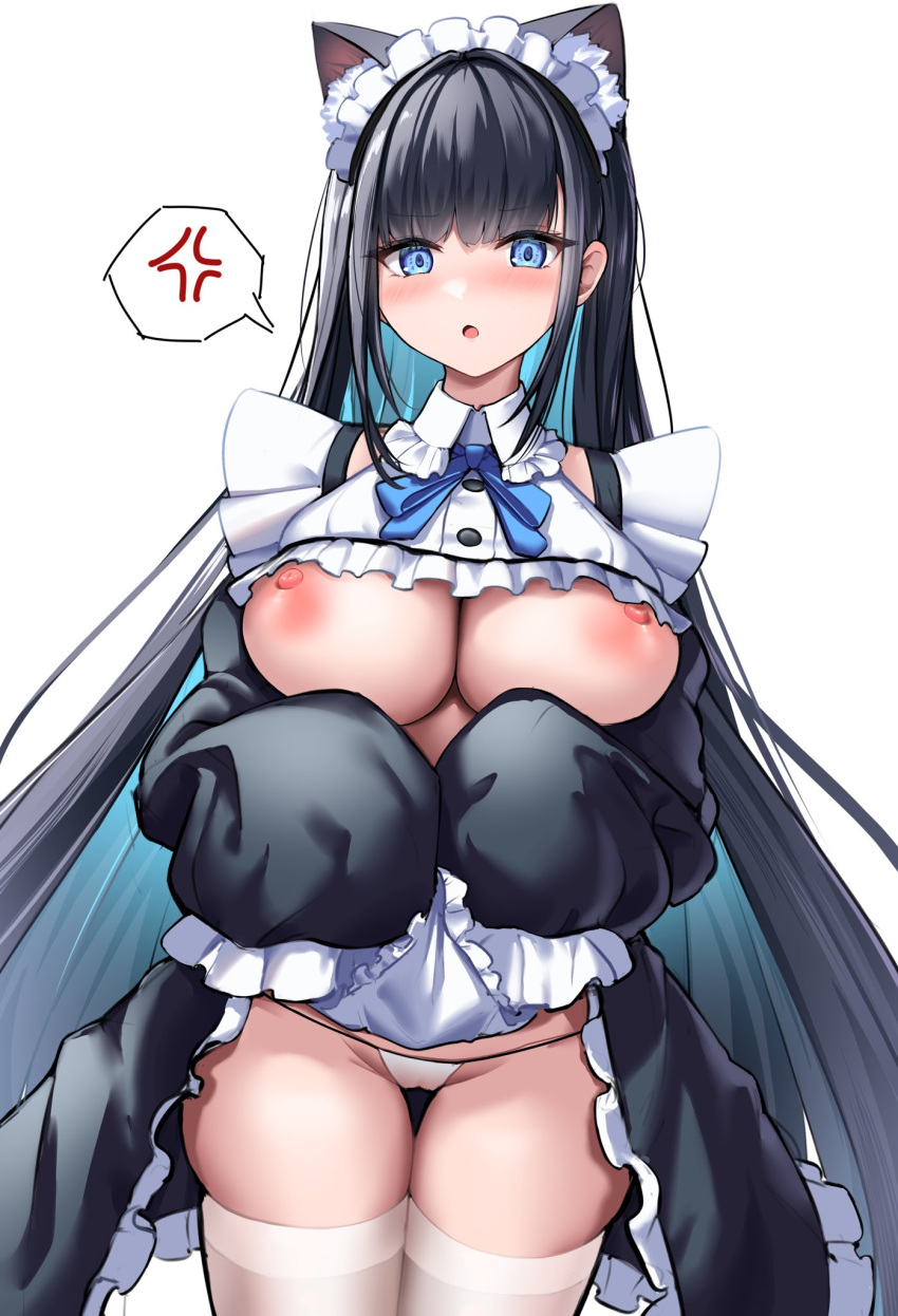 1girl :o anger_vein animal_ear_fluff animal_ears apron apron_lift black_hair blue_eyes blush breasts cat_ears cat_girl center_frills center_opening cleavage commentary_request cowboy_shot frilled_apron frills gu_luco highres large_breasts lifted_by_self long_hair long_sleeves looking_at_viewer maid_apron maid_headdress nipples nose_blush original panties puffy_long_sleeves puffy_sleeves simple_background skindentation sleeves_past_fingers sleeves_past_wrists solo spoken_anger_vein thick_thighs thighhighs thighs underboob underwear very_long_hair white_apron white_background white_headdress white_headwear white_panties white_thighhighs