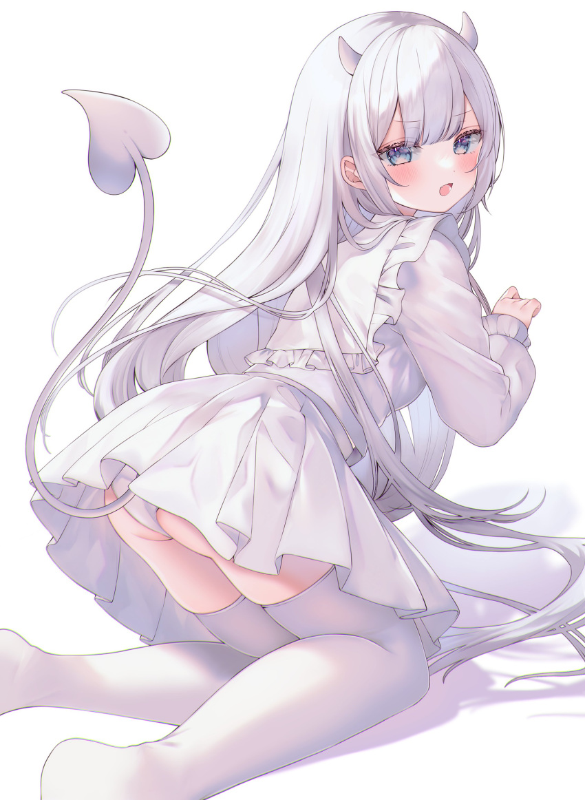 1girl absurdres ass blue_eyes blush chitose_(chi_candy) commentary_request demon_girl demon_horns demon_tail dress fang frilled_sleeves frills from_behind highres horns kneeling long_hair long_sleeves looking_at_viewer looking_back open_mouth original panties simple_background skin_fang solo tail thighhighs underwear white_background white_dress white_hair white_panties white_theme white_thighhighs