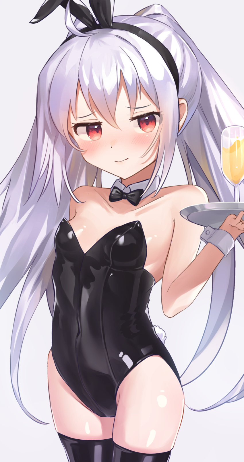 1girl absurdres ahoge animal_ears black_leotard black_thighhighs bow bowtie champagne_flute cowboy_shot cup detached_collar drinking_glass highres isla_(plastic_memories) jiyasu leotard long_hair looking_at_viewer plastic_memories playboy_bunny rabbit_ears rabbit_tail red_eyes simple_background solo strapless strapless_leotard tail thighhighs tray twintails white_background white_hair wrist_cuffs
