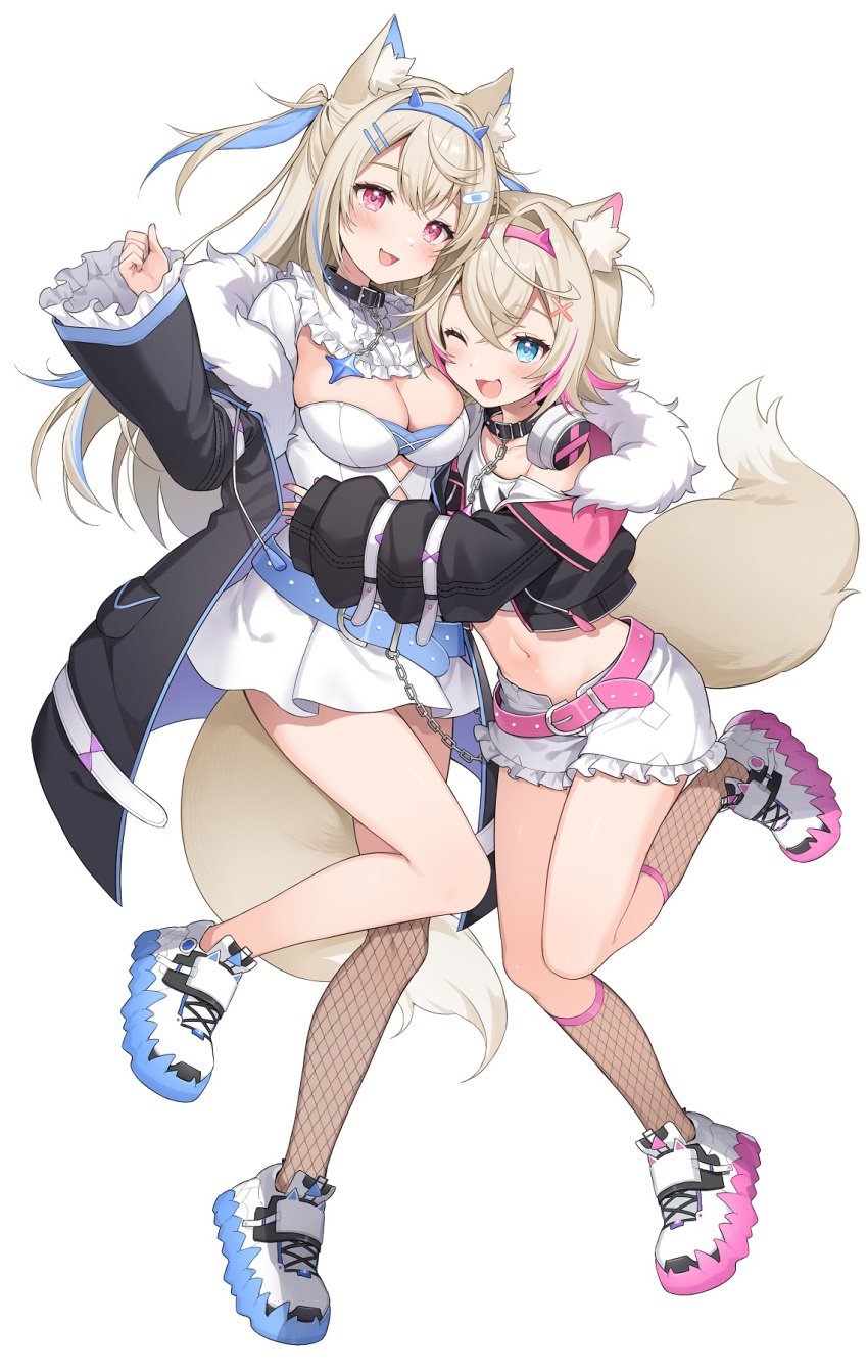 2girls animal_ear_fluff animal_ears bandaid bandaid_hair_ornament belt belt_collar black_collar black_dress blonde_hair blue_belt blue_eyes blue_hair blue_nails blush breasts cleavage cleavage_cutout clothing_cutout collar cropped_jacket cropped_shirt dog_ears dog_girl dog_tail dress fishnet_socks fishnet_thighhighs fishnets frilled_shorts frills fur-trimmed_dress fur_trim fuwawa_abyssgard hair_ornament hairpin headphones headphones_around_neck highres hololive hololive_english hug large_breasts leg_up looking_at_viewer mococo_abyssgard multicolored_hair multiple_girls nail_polish navel open_mouth pink_belt pink_eyes pink_hair pink_nails shirt shoes short_dress short_shorts shorts siblings sidelocks single_thighhigh sisters small_breasts smile sneakers socks spiked_collar spikes streaked_hair tail takanashi_(takanashi_tkns) thighhighs twins two_side_up virtual_youtuber white_background white_dress white_footwear white_shirt white_shorts x_hair_ornament