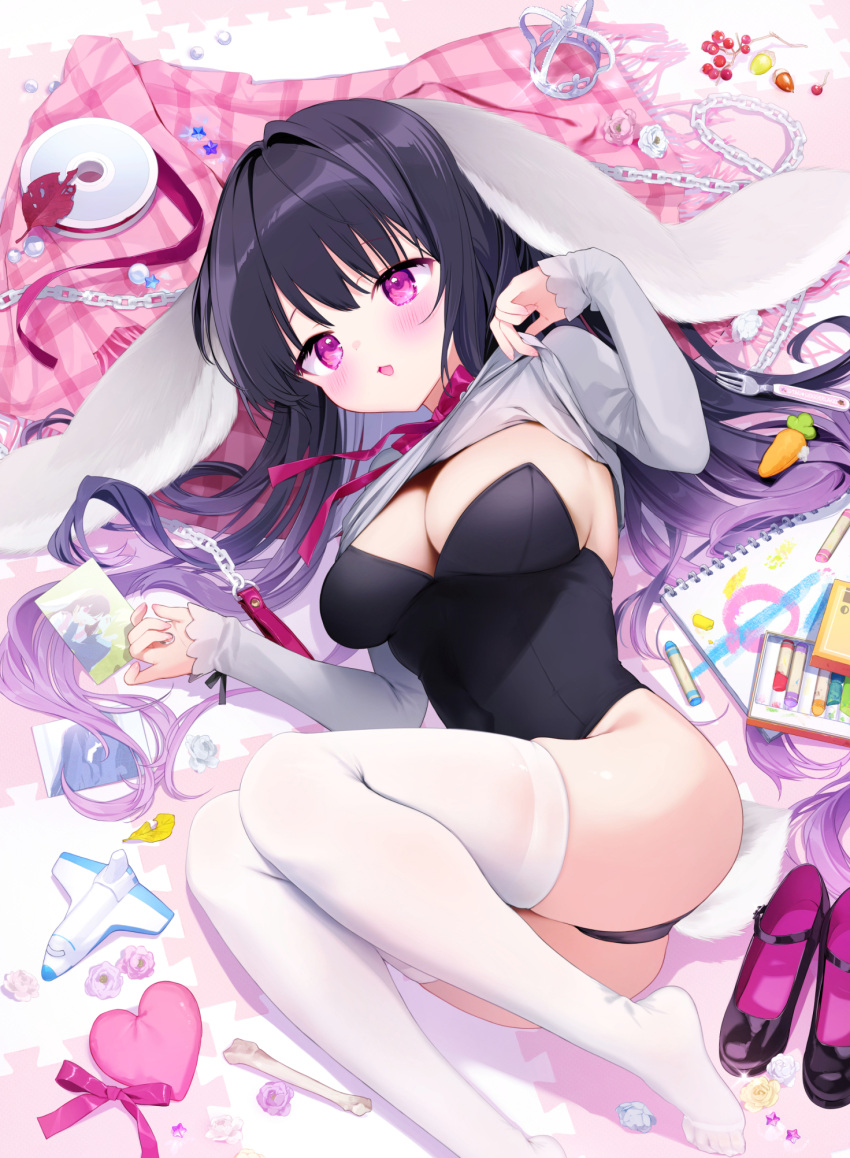 1girl animal_ears ass black_hair black_leotard blush breasts cleavage clothes_lift covered_navel highres kurimochi_chizuru legs leotard leotard_under_clothes lifted_by_self long_hair lying on_side open_mouth original pillow playboy_bunny rabbit_ears rabbit_girl rabbit_tail red_eyes shirt shirt_lift solo strapless strapless_leotard tail thighhighs thighs unworn_footwear white_shirt white_thighhighs