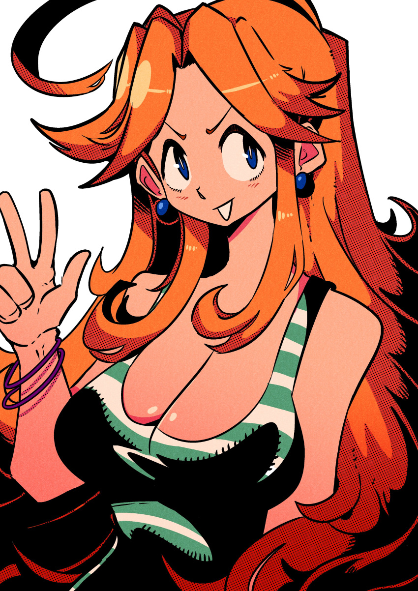 absurdres ahoge aqua_tank_top bare_shoulders blue_eyes blush breasts cleavage earrings film_grain forehead hair_over_shoulder halftone_texture hand_up highres huge_ahoge jewelry large_breasts long_hair looking_to_the_side multiple_bracelets orange_hair original parted_bangs sidelocks simple_background smile sphere_earrings striped_tank_top tank_top teeth upper_body v v-shaped_eyebrows vakodraws very_long_hair wavy_hair white_background