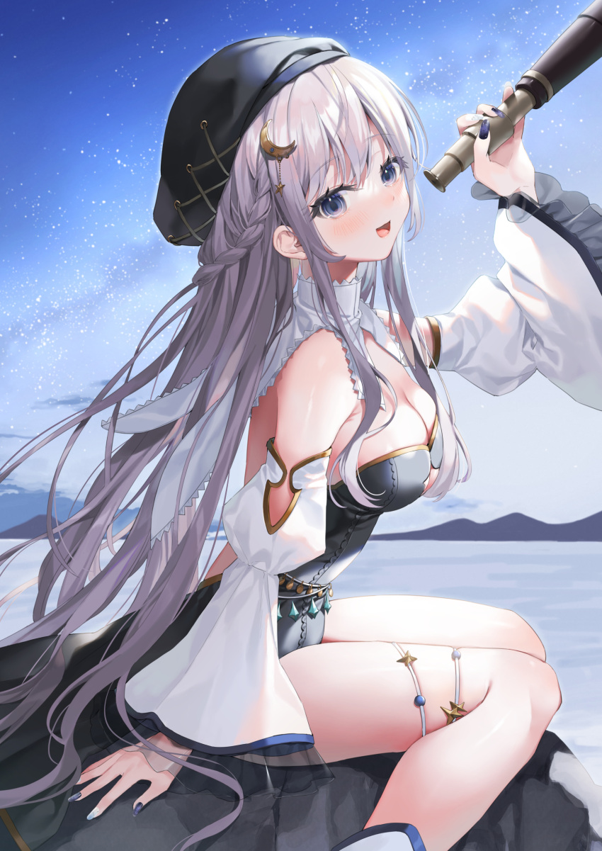 1girl black_eyes black_headwear breasts cloud cloudy_sky hat highres holding_telescope large_breasts long_hair makeup open_mouth original rouge_(makeup) sitting sky star_(sky) straight_hair telescope thighs white_hair yana_mori