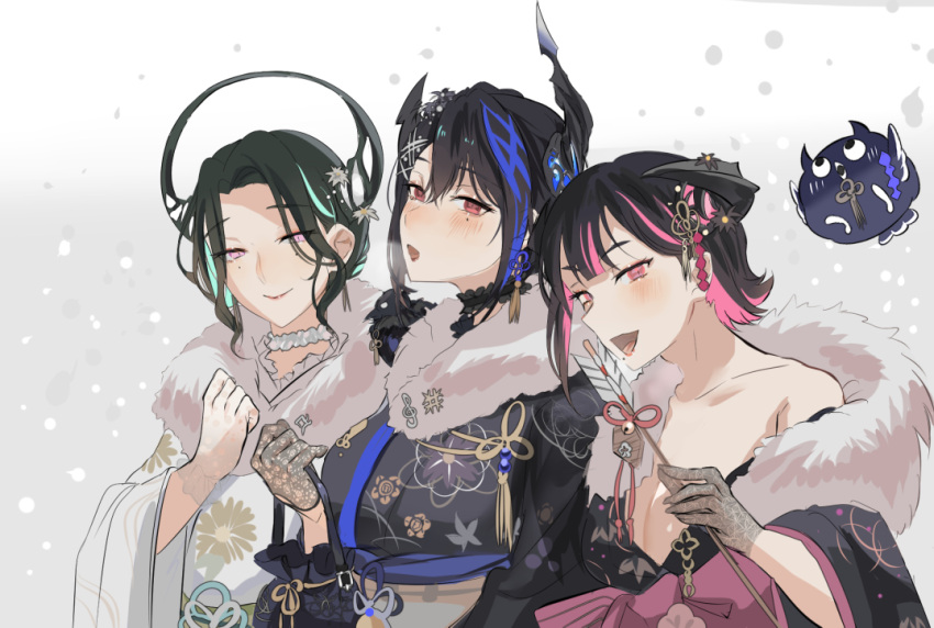 3girls aradia_ravencroft asymmetrical_horns black_hair blue_hair blush breasts cleavage colored_inner_hair crystal_horn demon_horns hololive hololive_english horns jewelry large_breasts long_hair looking_at_viewer malpha_ravencroft mole mole_under_eye multicolored_hair multiple_girls nerissa_ravencroft nerissa_ravencroft_(1st_costume) official_alternate_costume open_mouth pink_hair red_eyes set7 short_hair siblings simple_background sisters smile two-tone_hair uneven_horns virtual_youtuber