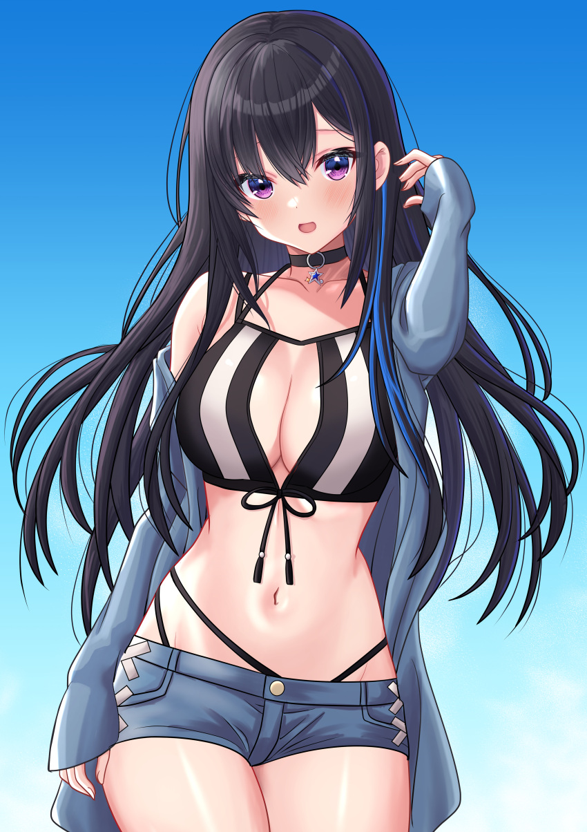 1girl absurdres bikini black_bikini black_choker black_hair blue_background blue_hair blue_jacket breasts center_opening choker contrapposto cowboy_shot front-tie_bikini_top front-tie_top gradient_background hair_between_eyes haruo860 highres ichinose_uruha ichinose_uruha_(summer_c102) jacket large_breasts long_hair looking_at_viewer multi-strapped_bikini_bottom multicolored_hair navel open_clothes open_jacket open_mouth purple_eyes short_shorts shorts solo stomach striped_bikini striped_clothes swimsuit two-tone_bikini vertical-striped_bikini vertical-striped_clothes very_long_hair virtual_youtuber vspo! white_bikini