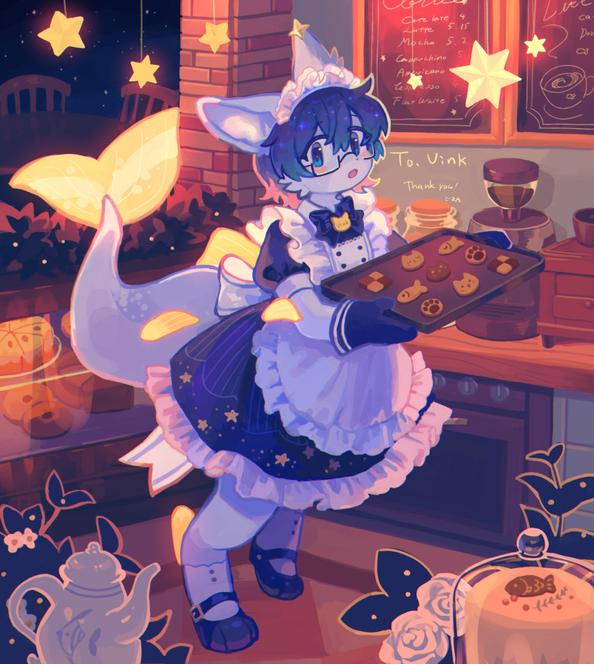 apron bakery blue_eyes blue_hair cake cookie counter display_case english_text fins fish_tail food furry gomafuto highres holding holding_tray maid maid_apron maid_headdress menu_board night oven_mitts pastry plant shop short_hair storefront tail tray