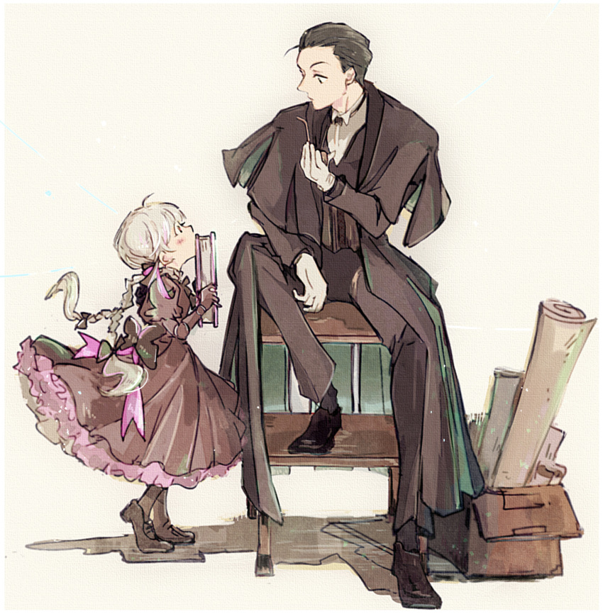 1boy 1girl black_bow black_dress black_footwear black_hair black_pants black_suit book bow bowtie box braid cardboard_box chair doll_joints dress fate/extra fate/grand_order fate_(series) formal full_body gloves hair_bow hair_slicked_back highres holding holding_book joints ladder loafers long_hair long_sleeves looking_at_another multiple_hair_bows nursery_rhyme_(fate) on_ladder pants sherlock_holmes_(fate) shoes short_hair simple_background sitting smoking_pipe standing stepladder suit tiptoes traditional_bowtie tuxedo twin_braids white_gloves white_hair yuki_1217k