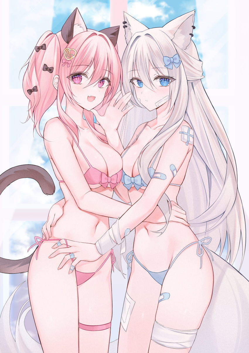 2girls :d absurdres animal_ear_fluff animal_ears aqua_eyes asymmetrical_docking bandage_on_face bandaged_arm bandaged_leg bandages bandaid bandaid_on_arm bandaid_on_face bandaid_on_hand bandaid_on_leg bare_shoulders bikini bikini_pull black_bow blue_bow blue_eyes blue_hair blush bow bow_bikini breast_press breasts cat_ears cat_girl cat_tail cleavage clothes_pull collarbone commentary cowboy_shot curtains day ear_piercing fang front-tie_bikini_top front-tie_top grey_hair groin hair_between_eyes hair_bow hair_intakes hair_ornament hairclip halterneck hand_up heart heart_hair_ornament highres indoors large_breasts long_hair looking_at_viewer medium_breasts micro_bikini multiple_girls navel open_mouth original piercing pink_bow pink_hair pulled_by_another side-tie_bikini_bottom skin_fang smile standing stomach string_bikini string_pull striped_bikini striped_clothes swimsuit symbol-only_commentary tail thighs twintails very_long_hair waving window wolf_ears wolf_girl wolf_tail yagen_(user_mxur3238)