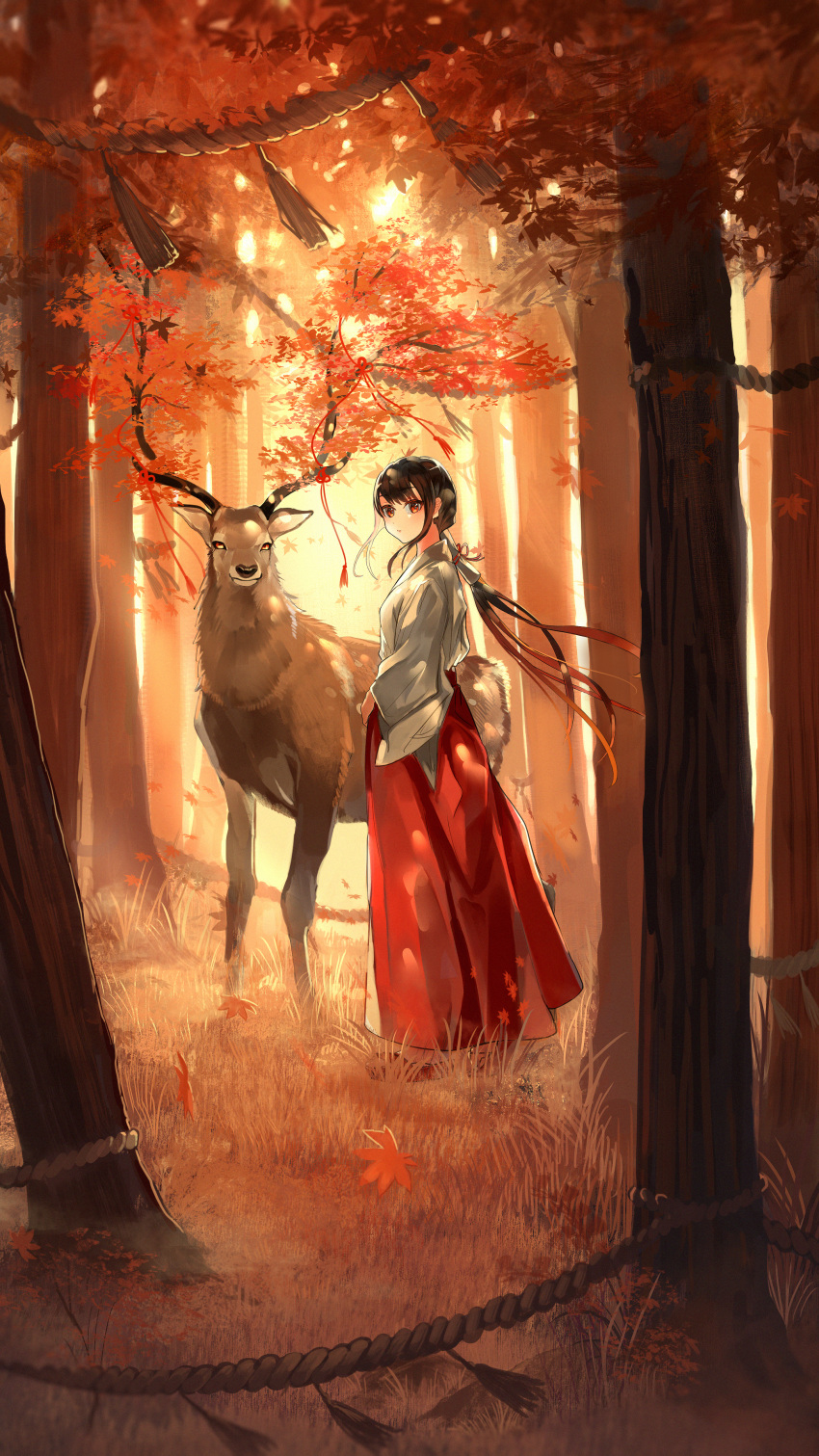 1girl absurdres animal autumn_leaves black_hair breasts day deer floating_hair grass hakama highres horn_ornament horn_ribbon horns japanese_clothes kimono leaf long_hair long_sleeves looking_at_viewer looking_to_the_side low_ponytail maple_leaf miko nature original outdoors ponytail red_eyes red_footwear red_hair red_hakama red_ribbon red_theme ribbon rope sandals scenery shimenawa sidelocks standing tassel toumin_(onemunemu99) very_long_hair wind zouri