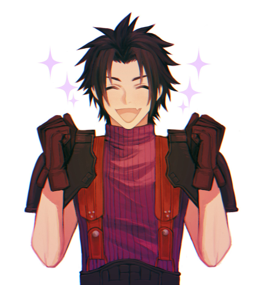 1boy armor belt black_belt black_hair brown_gloves clenched_hands closed_eyes crisis_core_final_fantasy_vii d8j0j fang final_fantasy final_fantasy_vii gloves hands_up happy highres male_focus open_mouth parted_bangs pauldrons purple_sweater short_hair shoulder_armor simple_background skin_fang sleeveless sleeveless_turtleneck solo sparkle spiked_hair suspenders sweater turtleneck upper_body white_background zack_fair