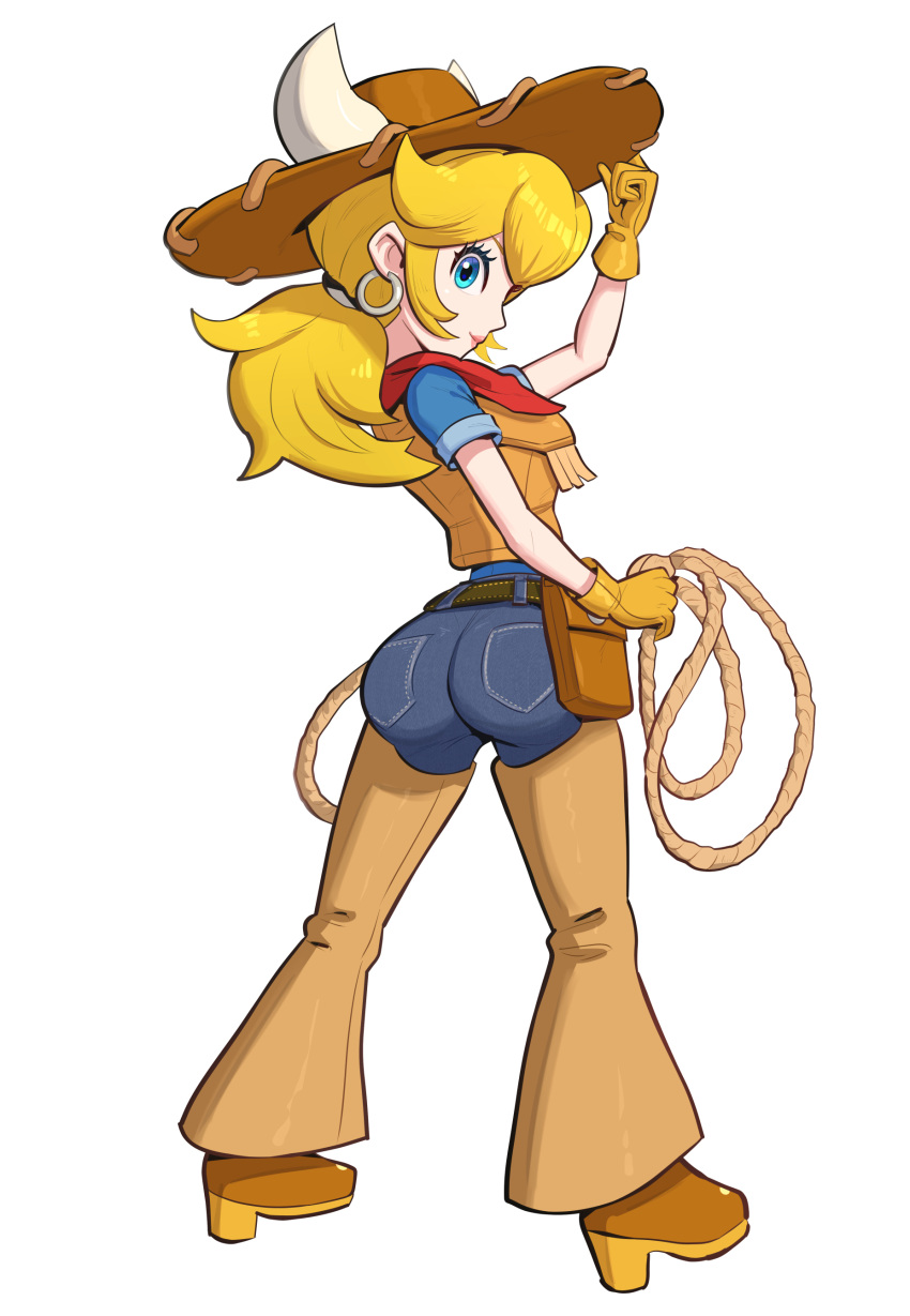 1girl absurdres ass belt blonde_hair blue_eyes chaps cowboy_hat cowgirl_(western) cowgirl_peach earrings eyelashes fake_horns gloves gonzarez hat highres horned_headwear horns jewelry lasso long_hair looking_at_viewer mario_(series) official_alternate_costume ponytail princess_peach princess_peach:_showtime! scarf shirt simple_background smile solo sphere_earrings