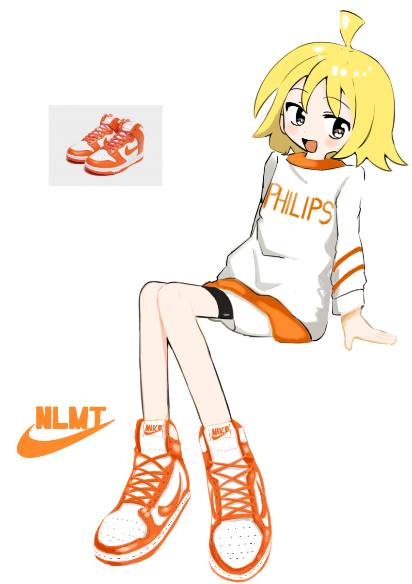 1girl absurdres ahoge alternate_costume arm_support bike_shorts blonde_hair blush brand_name_imitation commentary full_body highres invisible_chair kakinin knees_together_feet_apart long_sleeves looking_at_viewer nike null-meta open_mouth print_sweater product_placement reference_inset shoes short_hair simple_background sitting smile sneakers solo sweater text_print uozumi_kurumi white_background white_eyes white_sweater