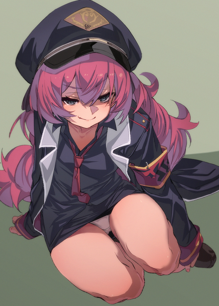 1girl black_coat black_footwear black_headwear black_shirt blue_archive blush closed_mouth coat collared_shirt commentary_request fu-ta grey_eyes hair_between_eyes hat highres iroha_(blue_archive) long_hair long_sleeves looking_at_viewer necktie open_clothes open_coat panties partial_commentary peaked_cap red_hair red_necktie shirt shoes smile solo underwear white_panties