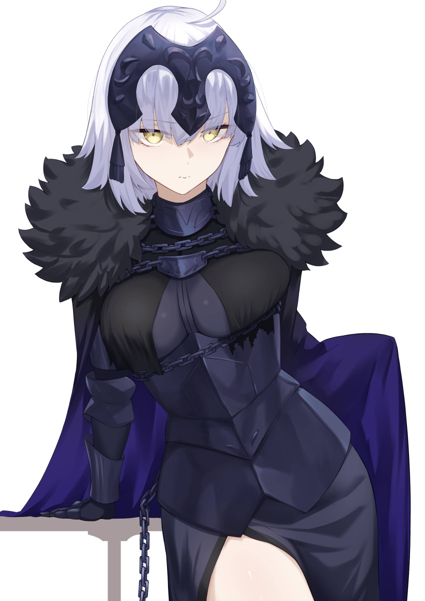 1girl absurdres ahoge armor armored_dress black_dress breasts chain collar dress fate/grand_order fate_(series) gauntlets grey_hair headpiece highres jeanne_d'arc_alter_(avenger)_(fate) jeanne_d'arc_alter_(fate) large_breasts looking_at_viewer metal_collar okuma707 plackart short_hair solo yellow_eyes