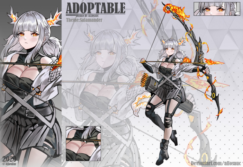 1girl 2020 adoptable allosauc animal_ears arrow_(projectile) artist_name asymmetrical_legwear belt belt_buckle black_bag black_belt black_collar black_footwear black_shirt black_skirt black_sleeves black_socks blunt_bangs boots bow_(weapon) breasts buckle cleavage close-up closed_mouth collar commentary cowboy_shot cropped_jacket detached_collar deviantart_username drawing_bow english_commentary english_text eyelashes frown full_body gradient_background grey_background highres holding holding_arrow holding_bow_(weapon) holding_weapon huge_breasts jacket knee_pads kneehighs layered_sleeves light_blush lizard_tail long_sleeves looking_at_viewer low_twintails medium_hair miniskirt multiple_views open_clothes open_jacket original personification polka_dot polka_dot_background projected_inset salamander salamander_ears shirt shoe_belt short_twintails sidelocks simple_background single_kneehigh single_sock skirt sleeves_past_wrists socks strapless strapless_shirt tail triangle_background twintails weapon white_hair white_jacket white_sleeves yellow_eyes