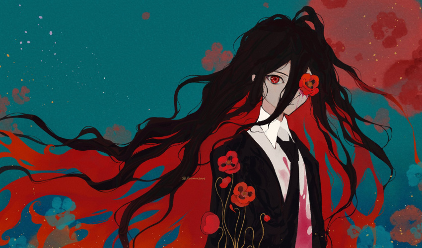 1boy artist_name black_hair black_jacket black_necktie blood blood_on_clothes blood_on_face blue_background collared_shirt colored_inner_hair commentary danganronpa_(series) danganronpa_2:_goodbye_despair expressionless flower flower_over_eye hair_between_eyes highres jacket kamukura_izuru liang_cun_rakuna long_hair looking_at_viewer male_focus messy_hair multicolored_hair necktie one_eye_covered poppy_(flower) red_background red_eyes red_flower red_hair shirt simple_background solo suit symbol-only_commentary twitter_username two-tone_background upper_body very_long_hair white_shirt wing_collar