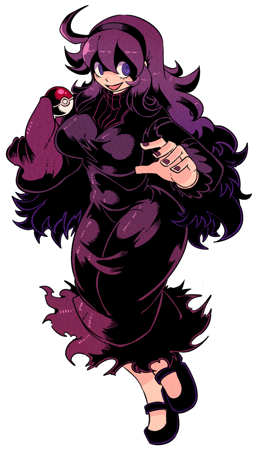 1girl @_@ absurdres ahoge black_footwear black_outline breasts check_copyright copyright_request curvy dress eyelashes film_grain fingernails frilled_sleeves frills from_side full_body hair_between_eyes hair_over_shoulder hairband hands_up hex_maniac_(pokemon) highres holding holding_poke_ball huge_ahoge impossible_clothes large_breasts long_hair long_sleeves mary_janes open_hand open_mouth outline parted_bangs partially_shaded_face poke_ball pokemon pokemon_xy purple_dress purple_eyes purple_hair purple_hairband purple_nails shoes sidelocks simple_background solo standing standing_on_one_leg tongue torn_clothes turtleneck vakodraws very_long_hair wavy_hair white_background wide_hips