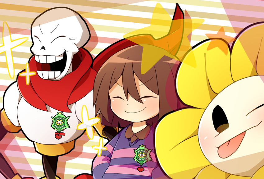 badge brown_hair closed_eyes flower flowey_(undertale) frisk_(undertale) hair_between_eyes hand_on_hip heart medal one_eye_closed papyrus_(undertale) purple_sweater red_scarf scarf skeleton smile sparkle star striped striped_background striped_sweater sweater tongue tongue_out undertale wate2 yellow_flower