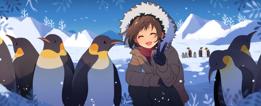 1girl :d ^_^ animal arisa_(aren) artist_name bird black_gloves blush brown_hair brown_jacket closed_eyes day facing_viewer fur-trimmed_hood fur-trimmed_jacket fur_trim gloves grey_pants hand_up highres hood hood_up hooded_jacket jacket long_sleeves open_mouth original outdoors pants penguin red_scarf scarf short_hair signature simple_bird smile snow solo squatting sunlight v