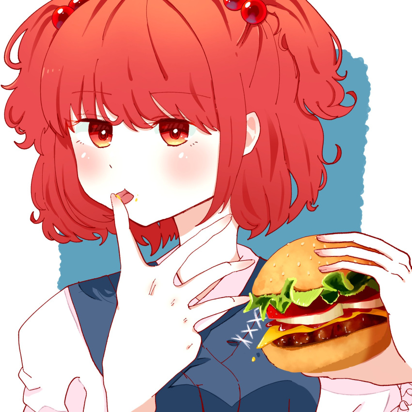 1girl blue_background blush burger commentary eik_s2 food hair_bobbles hair_ornament highres holding holding_food looking_at_viewer onozuka_komachi red_eyes red_hair solo symbol-only_commentary tongue tongue_out touhou two_side_up upper_body