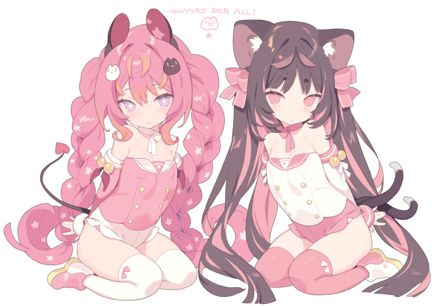 2girls animal_ears blade_(galaxist) braid cat_ears cat_girl cat_tail demon_girl demon_horns demon_tail detached_sleeves flat_chest full_body horns indie_virtual_youtuber long_hair mel_mellow multiple_girls nekoyama_nae sitting tail thighhighs twin_braids virtual_youtuber