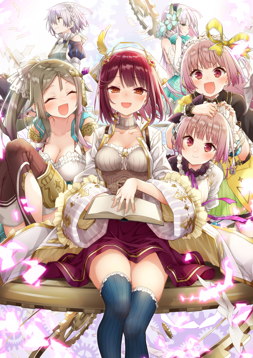 6+girls ^_^ alt_(ctrldel) atelier_(series) atelier_lydie_&amp;_suelle atelier_sophie black_thighhighs book braid breasts brown_eyes brown_hair character_request cleavage closed_eyes collarbone firis_mistlud flower gears grey_choker grey_hair grey_shirt hair_flower hair_ornament hair_ribbon hat highres holding holding_book long_hair looking_at_viewer lydie_marlen medium_breasts multiple_girls pink_hair ponytail red_eyes red_hair red_skirt ribbon shirt short_hair skirt sophie_neuenmuller striped_clothes striped_thighhighs suelle_marlen thighhighs thighs vertical-striped_clothes vertical-striped_thighhighs white_headwear white_ribbon yellow_ribbon zettai_ryouiki