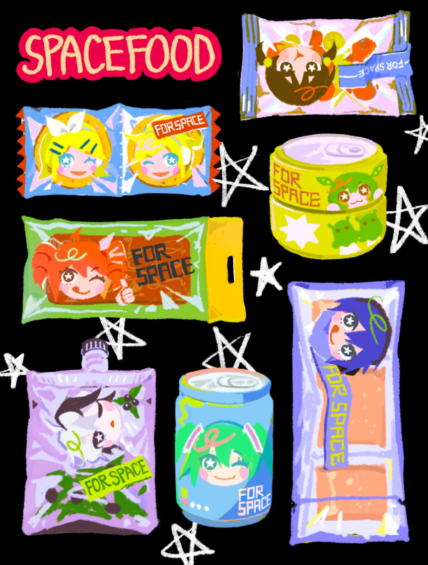 2boys 6+girls :3 :q black_background black_eyes black_hair blonde_hair blue_eyes blue_hair blue_scarf blush_stickers can canned_food character_food creature drill_hair drink_can drink_pouch english_text flower_(vocaloid) flower_(vocaloid4) food food_wrapper hatsune_miku head_only highres kaai_yuki kagamine_len kagamine_rin kaito_(vocaloid) kasane_teto kasane_teto_(sv) low_twintails multiple_boys multiple_girls one_eye_closed red_hair scarf smile star-shaped_pupils star_(symbol) symbol-shaped_pupils synthesizer_v thumbs_up tongue tongue_out triangle_mouth twin_drills twintails utau vocaloid voicevox yaa0 zundamon