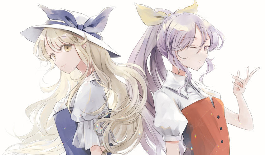 2girls blonde_hair buttons collared_shirt dress hair_ribbon hat hat_ribbon high_ponytail highres long_hair multiple_girls one_eye_closed ponytail poteimo_(poteimo622) puffy_short_sleeves puffy_sleeves purple_dress purple_eyes purple_hair purple_ribbon red_dress ribbon shirt short_sleeves siblings simple_background sisters sun_hat touhou upper_body watatsuki_no_toyohime watatsuki_no_yorihime white_background white_headwear white_shirt yellow_eyes yellow_ribbon