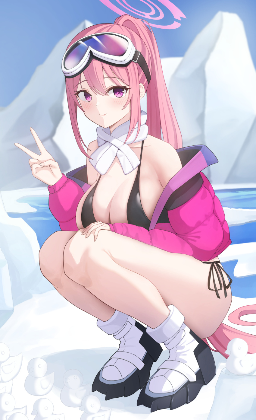 1girl absurdres armpit_crease bare_shoulders bikini black_bikini blue_archive blush breasts cleavage collarbone day down_jacket eimi_(blue_archive) eimi_(swimsuit)_(blue_archive) glacier goggles goggles_on_head halo hand_on_own_knee higasino3ldk highres jacket large_breasts long_hair looking_at_viewer official_alternate_costume open_clothes open_jacket outdoors padded_jacket pink_eyes pink_hair pink_halo pink_jacket ponytail scarf side-tie_bikini_bottom sideboob ski_goggles snow_duck snowman solo squatting swimsuit v very_long_hair white_scarf