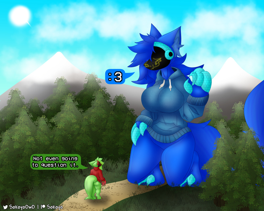 3_toes 4_fingers animal_humanoid anthro big_breasts big_feet blue_body blue_eyes blue_fur blue_hair bottomless breasts canid canine claws clothed clothing cloud cybernetics cyborg evergreen_tree feet fingers fluffy forest forest_background fur green_body green_fur green_hair green_skin hair hi_res hoodie hoodie_only humanoid hybrid inner_ear_fluff intersex intersex/male kneeling long_tail machine macro macro_anthro macro_focus macro_intersex male mammal mammal_humanoid micro micro_macro micro_male mountain nature nature_background pine_tree plant protogen protogen_visor red_clothing red_eyes shark_tail size_difference smug smug_face sokoyo_owo starry_(sokoyo_owo) sun sweater tail toes topwear topwear_only tree tuft turtleneck watermelon_(sokoyo_owo) yellow_eyes