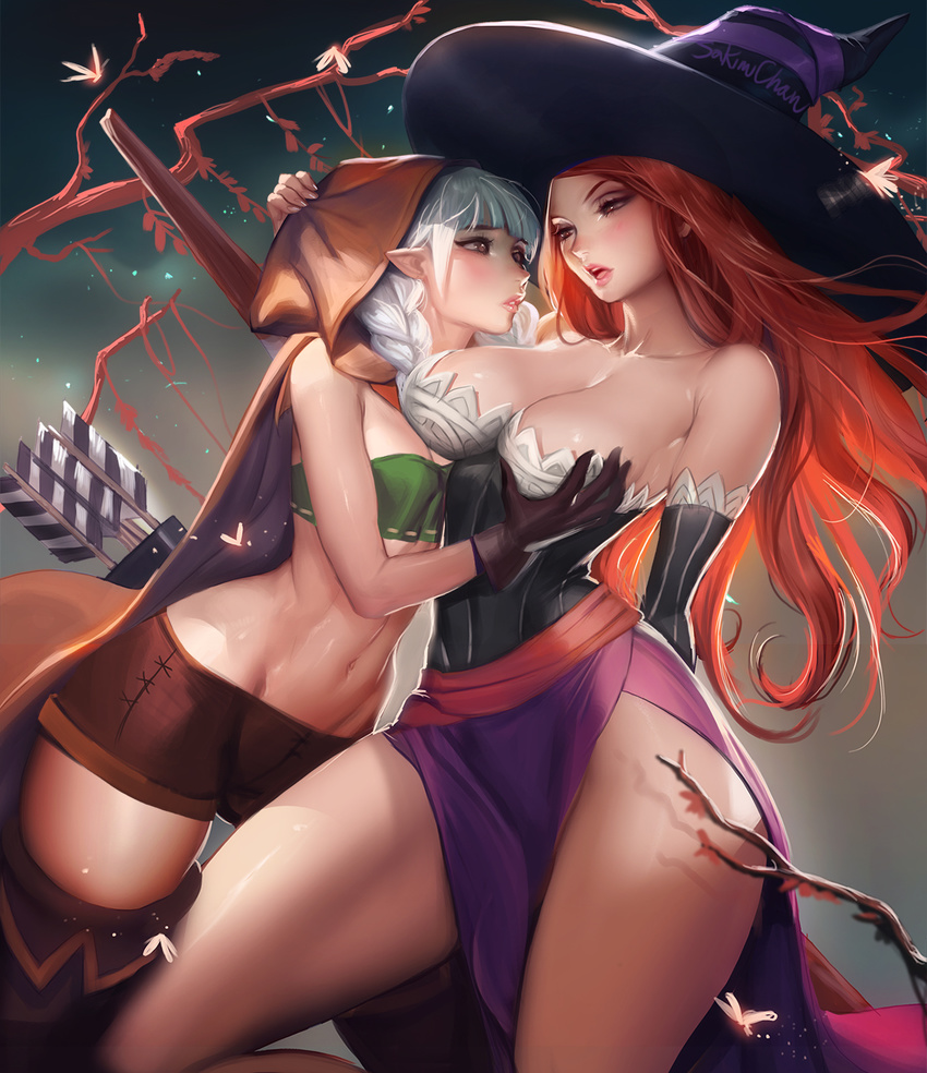 breast_grab breasts cleavage dragon's_crown dragon's_crown elf elf_(dragon's_crown) elf_(dragon's_crown) large_breasts long_hair multiple_girls red_hair sakimichan silver_hair sorceress_(dragon's_crown) sorceress_(dragon's_crown) witch yuri