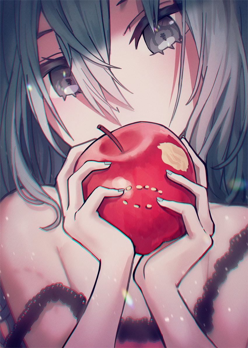 1girl apple aqua_eyes aqua_hair aqua_nails bare_shoulders bite_mark camisole collarbone food fruit hair_between_eyes hair_down hatsune_miku highres holding holding_food holding_fruit ille_(xcpa7325) lace-trimmed_camisole lace_trim long_hair messy_hair pink_camisole red_apple romeo_to_cinderella_(vocaloid) solo strap_slip vocaloid when_you_see_it
