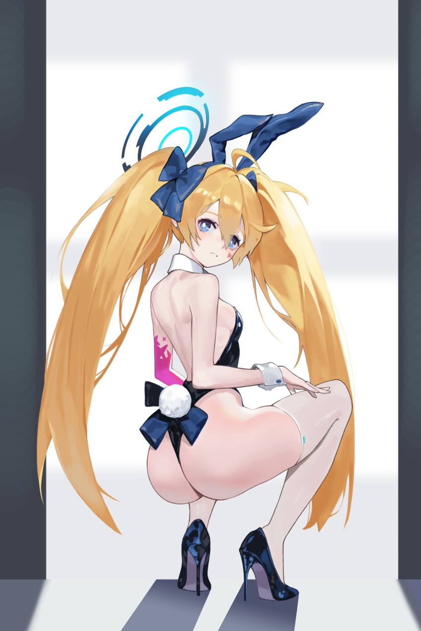 1girl absurdres animal_ears ass back back_bow black_leotard blonde_hair blue_archive blue_eyes blue_footwear bow breasts clear_(djmax) closed_mouth cosplay detached_collar djmax djmax_respect earrings fake_animal_ears fake_tail from_behind full_body hair_over_one_eye halo heart high_heels highleg highleg_leotard highres jewelry leotard light long_hair looking_at_viewer playboy_bunny rabbit_ears rabbit_tail shadow simple_background small_breasts solo strapless strapless_leotard tail thighhighs toki_(blue_archive) toki_(blue_archive)_(cosplay) toki_(bunny)_(blue_archive) toulalan twintails white_thighhighs wrist_cuffs